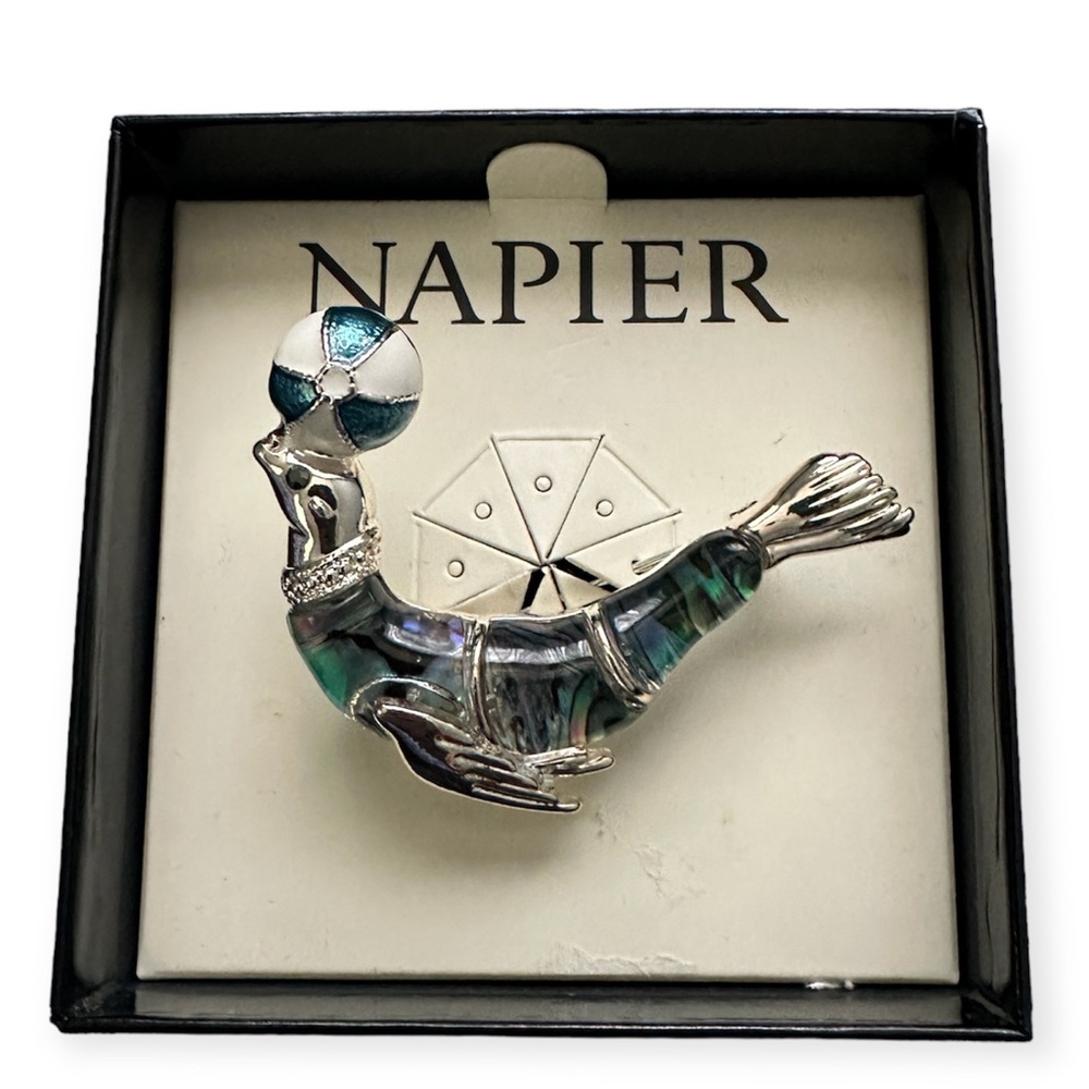 Napier Blue Seal with Beachball Pin Brooch NWT